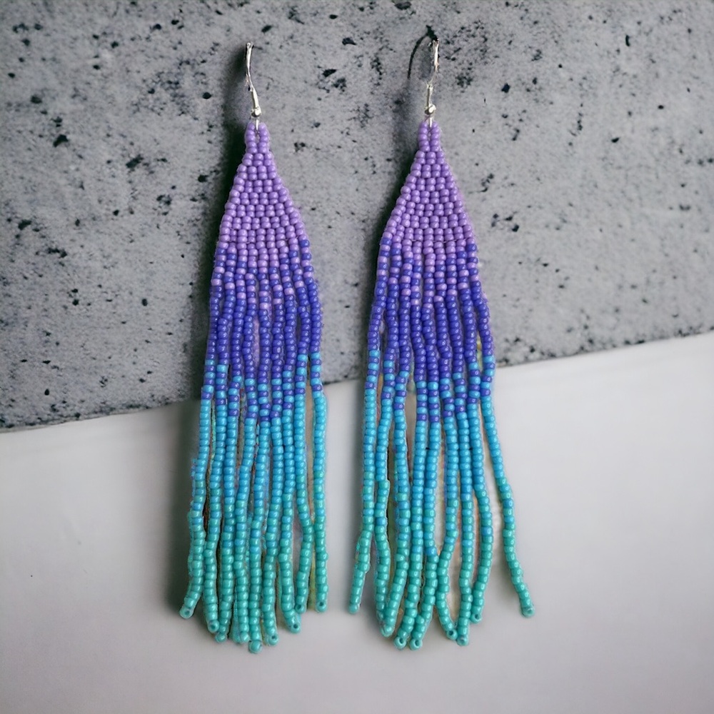 Handmade Seed Bead Beaded Earrings in Purple, Blue, and Turquoise 4.75” Long